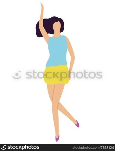 Person in night club vector, woman wearing fancy clothes moving on music, lifestyle of young female isolated brunette dancing. Clubber on disco flat style. Dancing Woman Raising Hand Up, Disco Dancer Vector