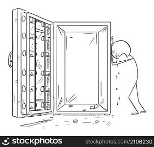 Person is sad and frustrated, leaning towards empty vault or safe, vector cartoon stick figure or character illustration.. Sad or Frustrated Person with No Money in Safe or Vault, Vector Cartoon Stick Figure Illustration