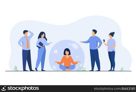 Person keeping social distance and avoiding contact. Woman separating from crowd and meditating in transparent bubble. Vector illustration for solitude or isolation concept