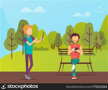 Person listening to music in park vector, man sitting on bench, guy walking on road. Forest with trees and nature, bushes and hills, clear sky with clouds. People Spending Time in Park, Man Sitting on Bench
