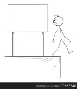 Person looking at empty sign and falling down, vector cartoon stick figure or character illustration.. Person Looking at Sign and Falling Down, Vector Cartoon Stick Figure Illustration