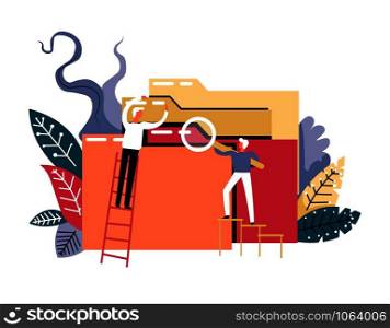 Person looking for information in folder files searching process vector people with magnifying glass tool with big optical lens zooming image organization of data structure paper foliage decor. Person looking for information in folder files searching process