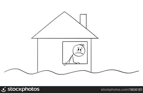 Person looking of the water of flooding from window of flooded house, vector cartoon stick figure or character illustration.. Person Looking on Flooding From the Window of Flooded House, Vector Cartoon Stick Figure Illustration