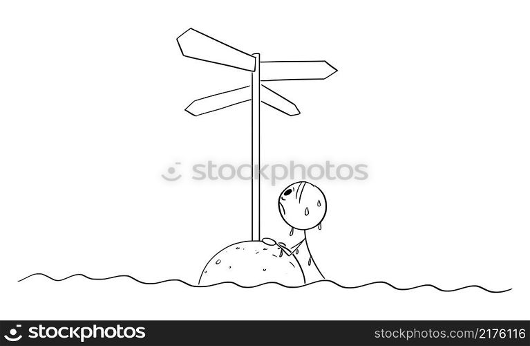 Person lost in ocean looking for guidance on small island with directional signs, vector cartoon stick figure or character illustration.. Lost Person Looking for Guide, Vector Cartoon Stick Figure Illustration
