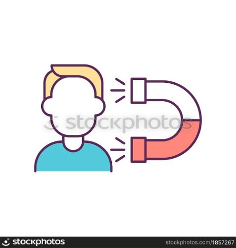 Person magnet RGB color icon. Things that attract people. Desire to obtain new things. Attracting new customer. Excessive spending. Isolated vector illustration. Simple filled line drawing. Person magnet RGB color icon