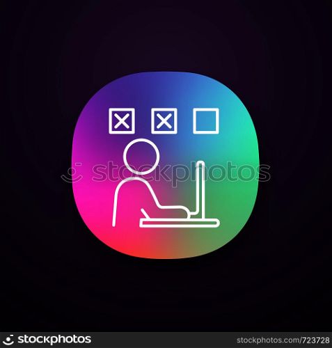 Person making mistakes app icon. Overwork. Number of mistakes increasing. Exhaustion. Failing test. Frustrated man. Worker troubled doing simple job. UI/UX user interface. Vector isolated illustration. Person making mistakes app icon