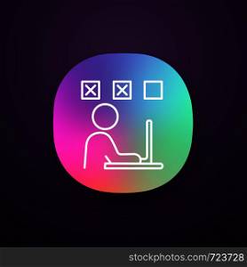 Person making mistakes app icon. Overwork. Number of mistakes increasing. Exhaustion. Failing test. Frustrated man. Worker troubled doing simple job. UI/UX user interface. Vector isolated illustration. Person making mistakes app icon