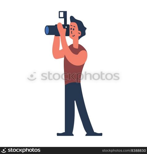 Person man with photo camera vector illustration. Male professional photographer and cartoon human photograph standing. Character shooting and work with equipment. Adult guy working and shoot video