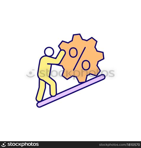 Person moves towards goal RGB color icon. Challenge based system. Finish task to gain purchase bonuses. Unlock reward points. Isolated vector illustration. Simple filled line drawing. Person moves towards goal RGB color icon