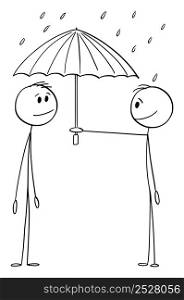Person offering help and protection, holding umbrella in rain, vector cartoon stick figure or character illustration.. Person Offering Umbrella in Rain, Help and Protection, Vector Cartoon Stick Figure Illustration
