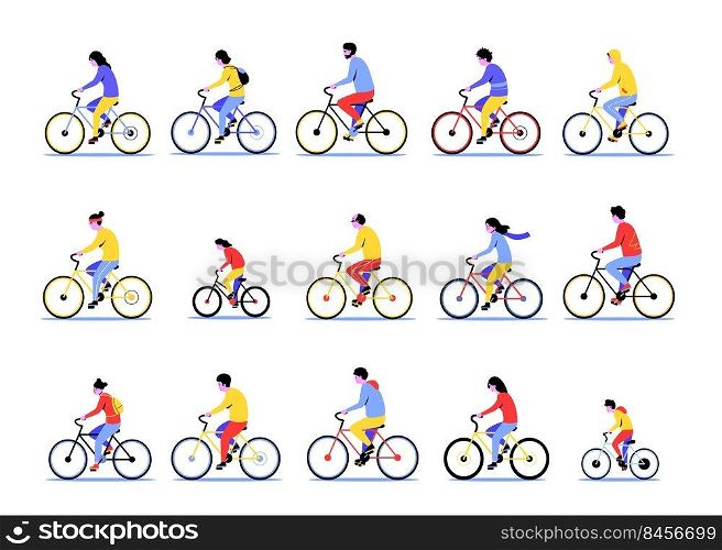 Person on bike. Cartoon active men and women ride the bicycle, cycling sport activity concept with various people. Vector bike fitness illustration of sport bicycle ride outdoor illustration. Person on bike. Cartoon active men and women ride the bicycle, cycling sport activity concept with various people. Vector bike fitness illustration
