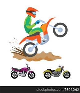 Person on bike vector, isolated male wearing special uniform and protective helmet doing tricks on motorbike. Types and shapes of motorcycle transport. Motorbike Riding Hobby, Man Wearing Safety Helmet
