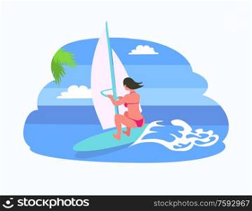 Person on board wearing swimsuit, surforboarder on vocation. Summer fun postcard, sun and windsurfing woman, female surfing, waves vector isolated emblem. Person on Board Wearing Swimsuit, Surforboarder