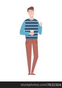 Person on coffee break, worker relaxing and smiling, male greeting, cheerful worker wearing casual clothes holding cup of hot tea beverage. Vector illustration in flat cartoon style. Man Holding Cup of Hot Beverage and Smiling Vector