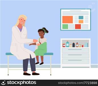 Person on consultation with the orthopedic doctor. Children s doctor works with little female character vector illustration. Orthopedist bandages girl s hand. Doctor treating child in medical office. Orthopedist bandages girl s right hand. The doctor is treating the child in a medical office