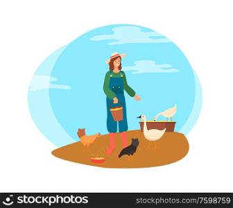Person on farm vector, farming female wearing hat feeding hen chickens and geese agriculture and growing of domestic animals isolated farmer flat style. Farming Woman, Lady Feeding Hens with Wheat Vector