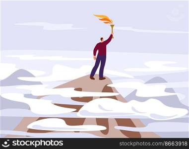 Person on mountain top. Man stand on peak and holding burning torch. Success of leadership, business victory or enlightenment of masses. Kicky climb vector scene. Illustration of man on mountain peak. Person on mountain top. Man stand on peak and holding burning torch. Success of leadership, business victory or enlightenment of masses. Kicky climb vector scene