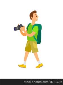 Person on vacation relaxing vector, man holding expensive professional camera, Smiling tourist with backpack, sightseeing and tourist attractions. Photographer on Vacation, Tourist with Camera