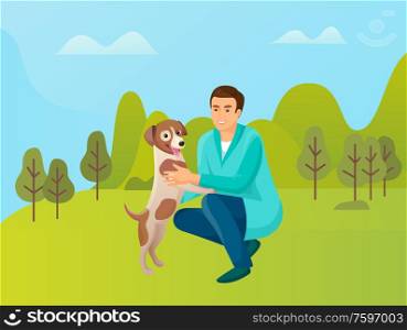 Person on weekend with pet vector, forest nature, park with trees and greenery of meadows. Male with domesticated canine, human and animal friendship. Man Playing with Pet, Male and Dog in Forest Park
