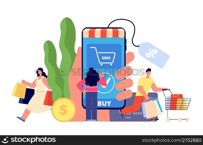 Person online shopping. Easy payment, shop app smartphone. Modern woman buy, ecommerce and delivery. Internet customer utter vector concept. Illustration smartphone payment, marketing e-commerce. Person online shopping. Easy payment, shop app smartphone. Modern woman buy, ecommerce and delivery. Internet customer utter vector concept
