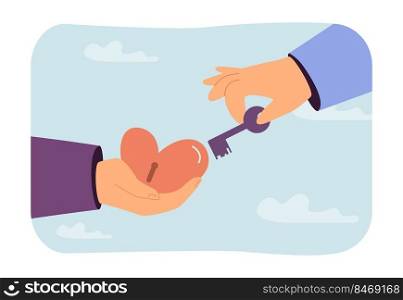 Person opening heart with key. Love concept for banner, website design or landing web page