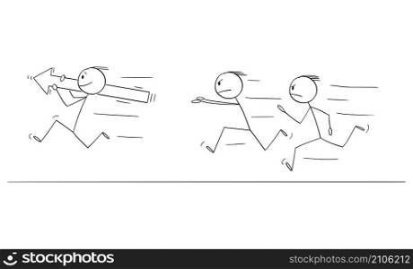 Person or businessman holding big arrow and running, angry men or competitors are chasing him, vector cartoon stick figure or character illustration.. Businessman or Person Running and Holding Big Arrow, Angry Men are Chasing Him, Vector Cartoon Stick Figure Illustration