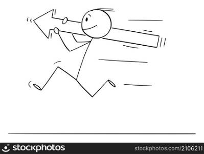Person or businessman holding big arrow and running , vector cartoon stick figure or character illustration.. Businessman or Person Running and Holding Big Arrow, Vector Cartoon Stick Figure Illustration
