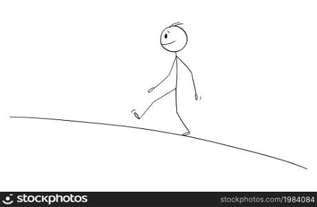Person or businessman on journey walking up to hill, vector cartoon stick figure or character illustration.. Person or Businessman Walking Up To Hill, Vector Cartoon Stick Figure Illustration