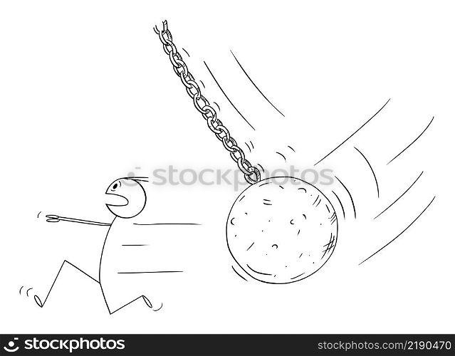 Person or businessman running in panic and stress from iron wrecking ball, vector cartoon stick figure or character illustration.. Person Running in Panic From Wrecking Ball , Vector Cartoon Stick Figure Illustration