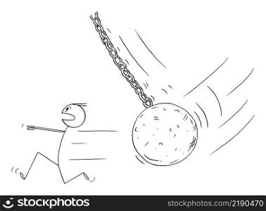 Person or businessman running in panic and stress from iron wrecking ball, vector cartoon stick figure or character illustration.. Person Running in Panic From Wrecking Ball , Vector Cartoon Stick Figure Illustration