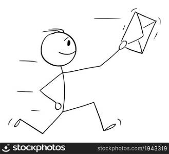 Person or businessman running with mail, email, envelope, letter or message in hand, vector cartoon stick figure or character illustration.. Person or Businessman Running With Envelope, mail, Email or Message, Vector Cartoon Stick Figure Illustration