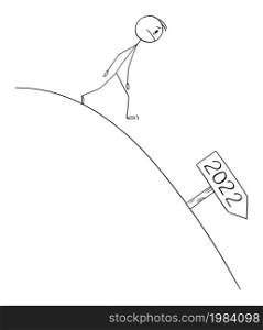 Person or businessman walking down hill, bad expectations from year 2022 , vector cartoon stick figure or character illustration.. Person Walking Down Hill, Bad Expectations From Year 2022, Vector Cartoon Stick Figure Illustration