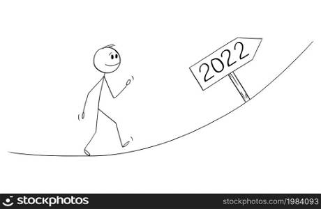 Person or businessman walking uphill, great expectations from year 2022 , vector cartoon stick figure or character illustration.. Person Walking Up, Great Expectations From Year 2022, Vector Cartoon Stick Figure Illustration
