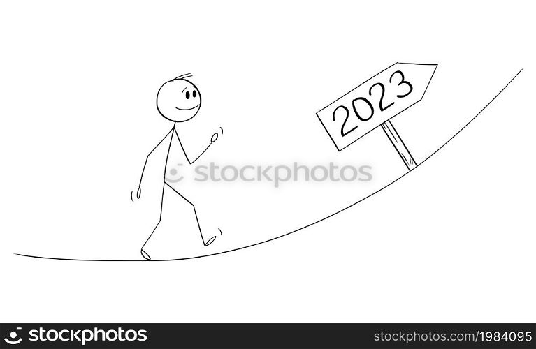 Person or businessman walking uphill, great expectations from year 2023 , vector cartoon stick figure or character illustration.. Person Walking Up, Great Expectations From Year 2023, Vector Cartoon Stick Figure Illustration