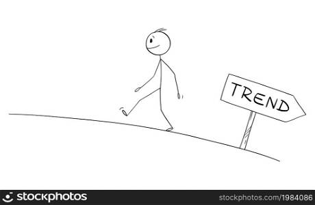 Person or trader walking or trading against trend, investment and business concept, vector cartoon stick figure or character illustration.. Person or Trader Trading or Walking Against Trend, Business and Investment Concept, Vector Cartoon Stick Figure Illustration