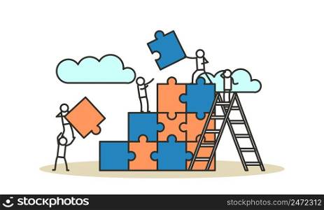 Person people man and woman connect jigsaw business puzzle flat background concept vector illustration. Cooperation businessman teamwork team. Solution partnership group problem together. Answer part