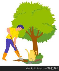 Person planting new plans vector, male working in orchard. Isolated character digging hole for new flora, tree with branches and foliage in garden. Farming Personage, Character Growing Trees Vector