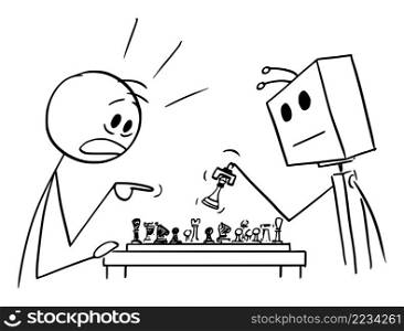 Person playing and loosing chess game with artificial intelligence or robot, vector cartoon stick figure or character illustration.. Person Playing Chess with Robot or Artificial Intelligence and loosing, Vector Cartoon Stick Figure Illustration