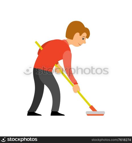 Person playing curling using special bat isolated cartoon character. Vector man shuffleboard player, athletic male with curling-broom, curler in red shirt. Person Play Curling Using Broom Isolated Character