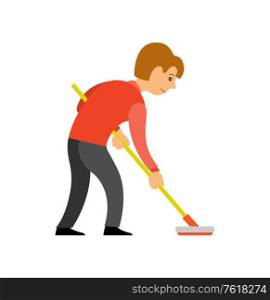 Person playing curling using special bat isolated cartoon character. Vector man shuffleboard player, athletic male with curling-broom, curler in red shirt. Person Play Curling Using Broom Isolated Character