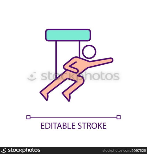 Person playing superhero RGB color icon. Actor hanging on ropes to imitate flight. Action fantastic performance. Isolated vector illustration. Simple filled line drawing. Editable stroke. Person playing superhero RGB color icon