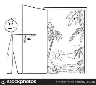 Person pointing and inviting to go through open door to tropical paradise, vector cartoon stick figure or character illustration.. Person Pointing at Door Inviting to Go to Tropical Paradise, Vector Cartoon Stick Figure Illustration