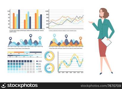 Person presenting business plan vector, woman with information on whiteboard, charts and info, data of business project, flowchart on presentation. Woman Presenting Infocharts on Visual Screen Vector