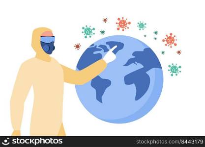 Person presenting coronavirus spread. Man in protective costume and mask pointing at globe flat vector illustration. Epidemic, virus, healthcare concept for banner, website design or landing web page