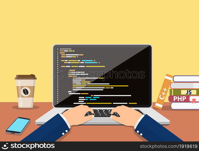 Person programmer working on pc laptop with program code on screen. programming software, coding type. Vector illustration in flat style. Person programmer working on pc laptop