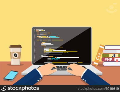 Person programmer working on pc laptop with program code on screen. programming software, coding type. Vector illustration in flat style. Person programmer working on pc laptop