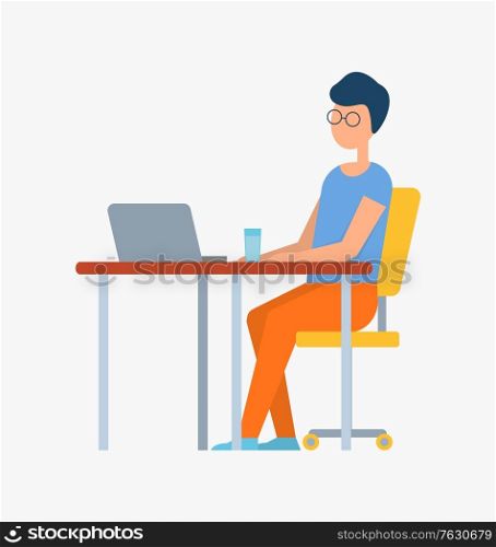 Person programming on laptop in office. Freelancer programmer with glasses sitting in office chair by table with modern gadget and cup of water. Drinking liquid on desk, computer screen and coder. Freelancer Male Working on Computer Water Cup