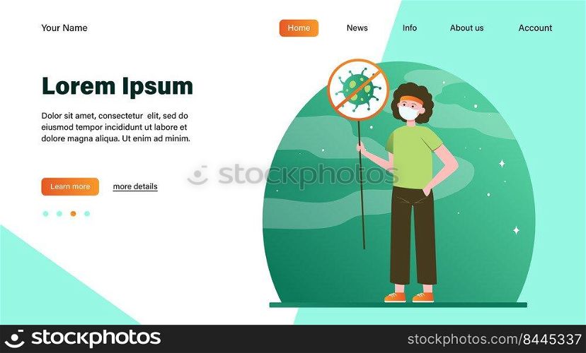 Person protesting against coronavirus. Man wearing face holding placard with stop sign flat vector illustration. Epidemic, spread, virus concept for banner, website design or landing web page