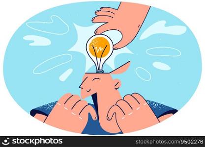 Person put lightbulb in man head help find solution to problem. Smiling male excited with creative innovative idea generation. Innovation concept. Vector illustration.. Person put lightbulb in man head