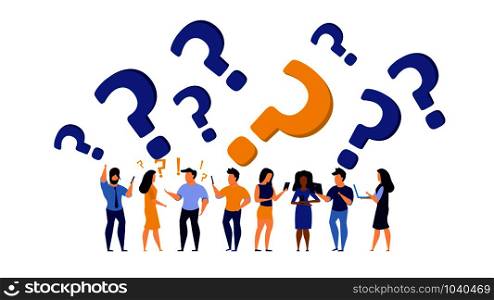 Person question icon work vector people illustration concept. Business work background design problem answer solution. Cartoon human confusion communication FAQ help. Support customer service